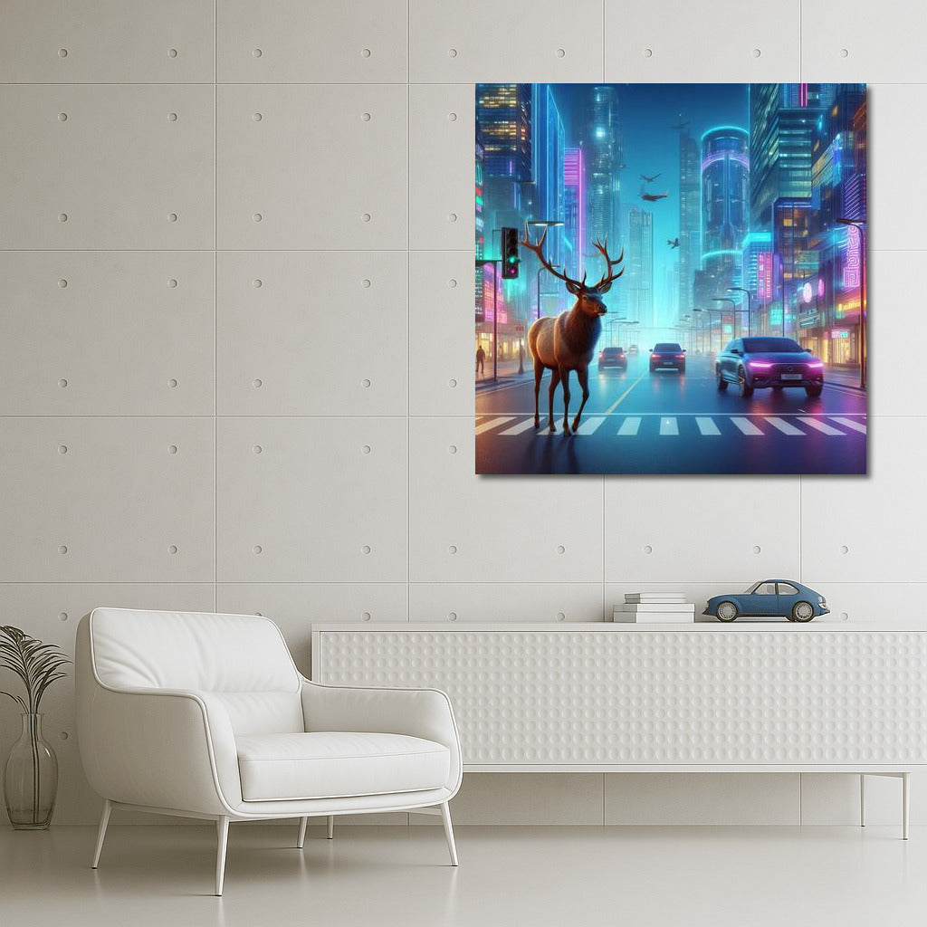 Neon Moose in Futuristic City: Live Street Scene