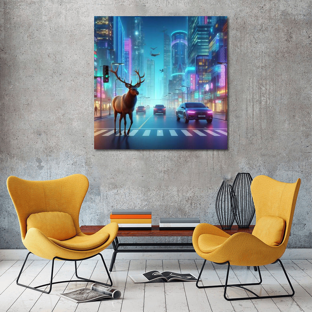 Neon Moose in Futuristic City: Live Street Scene