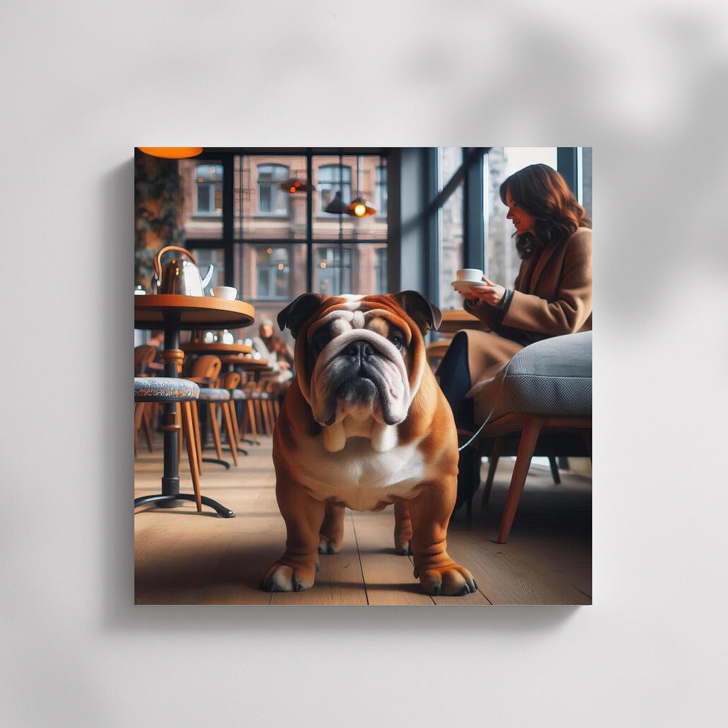 English Bulldog Charm at Stylish Cafe