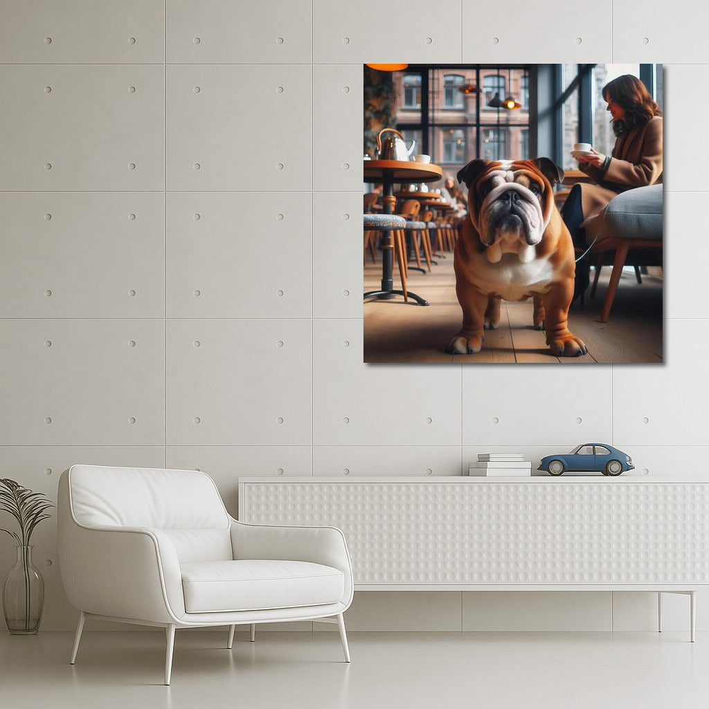 English Bulldog Charm at Stylish Cafe