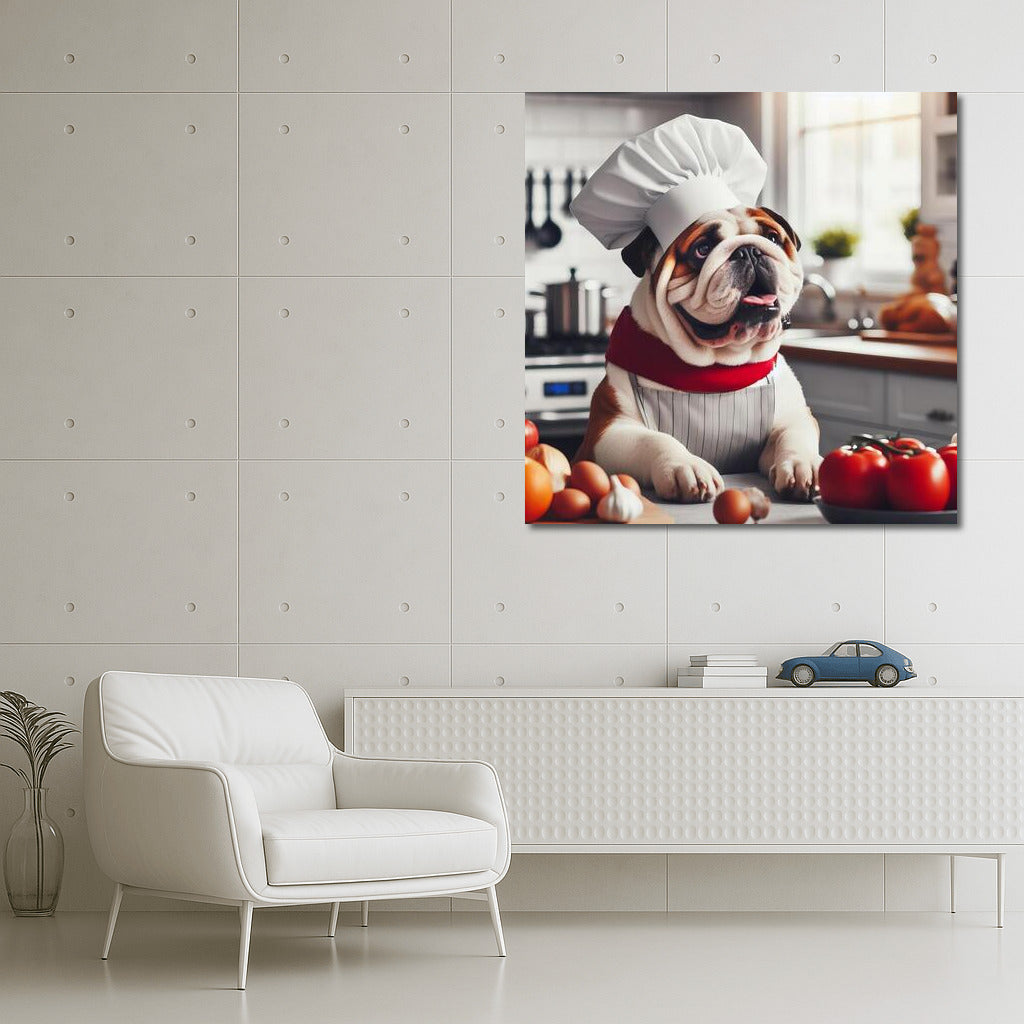 Chef Bulldog: English Bulldog in the Kitchen Cooking Dinner