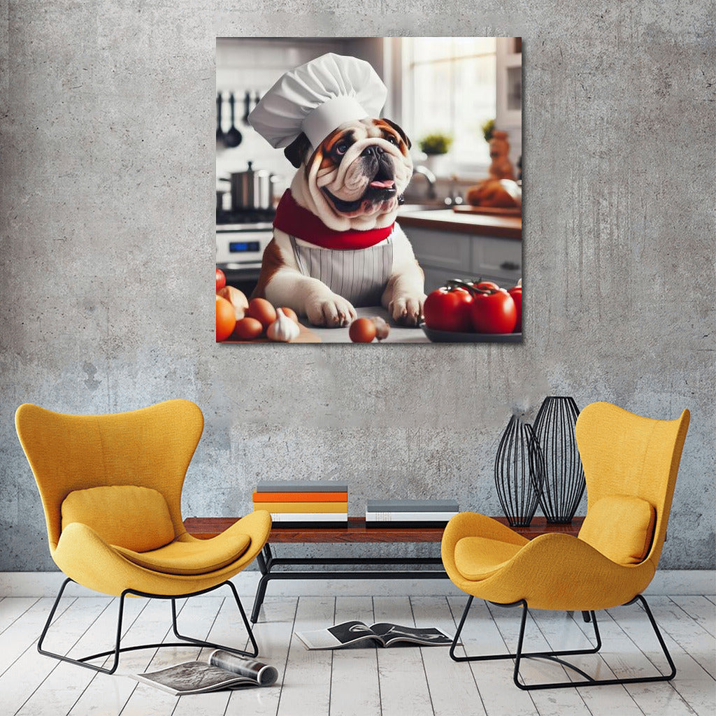 Chef Bulldog: English Bulldog in the Kitchen Cooking Dinner