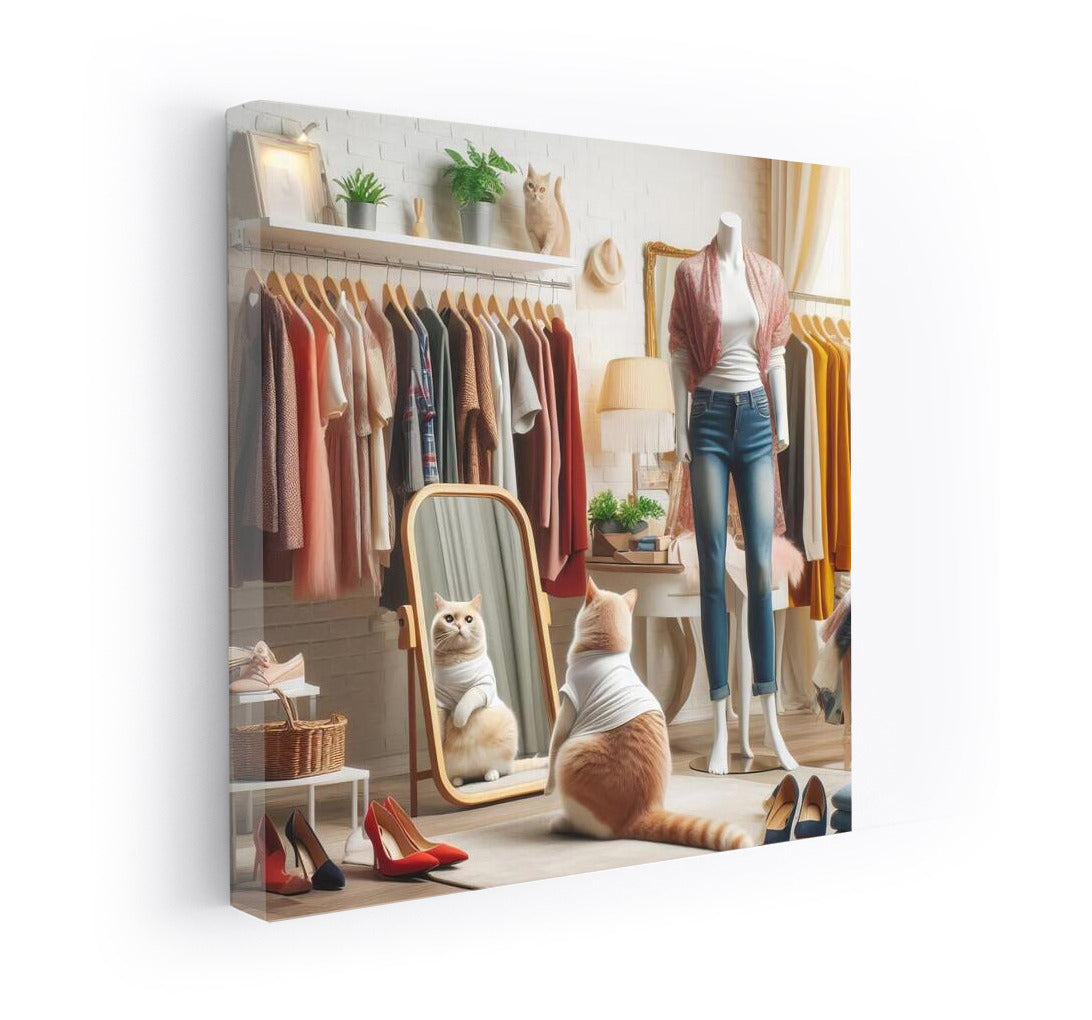 Fashionable Cat in a Boutique: Trying on Clothes Among Mannequins and Mirrors