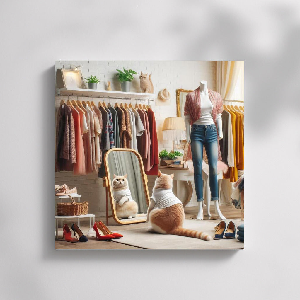 Fashionable Cat in a Boutique: Trying on Clothes Among Mannequins and Mirrors
