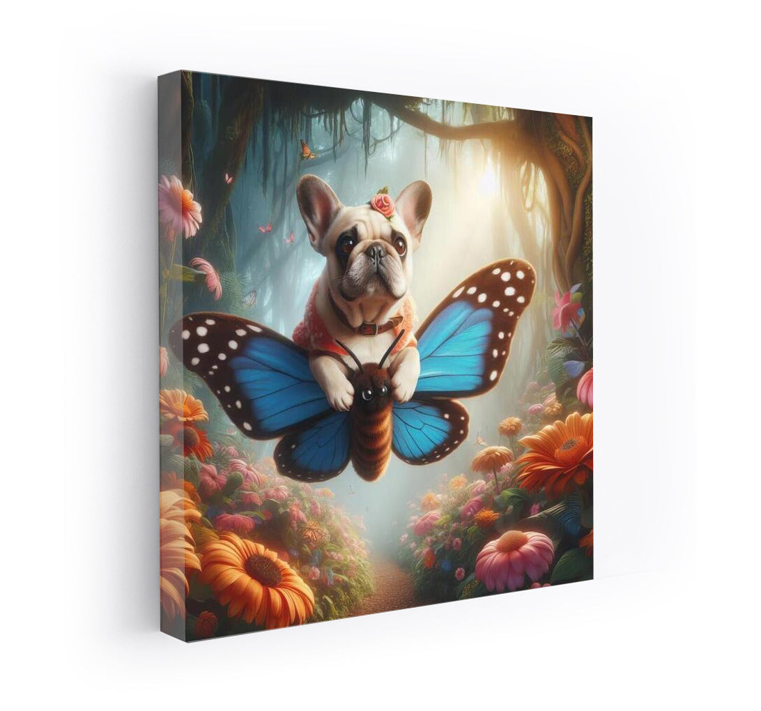 French Bulldog Flying on a Butterfly in a Magical Forest
