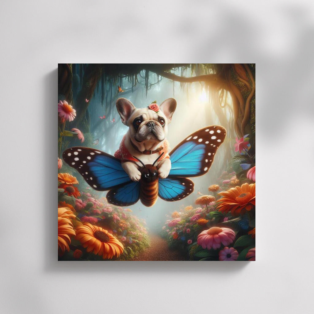 French Bulldog Flying on a Butterfly in a Magical Forest