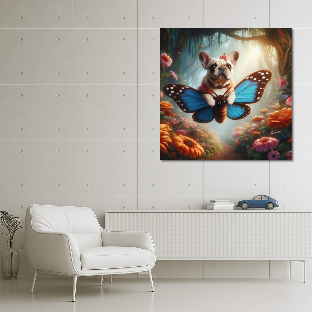 French Bulldog Flying on a Butterfly in a Magical Forest
