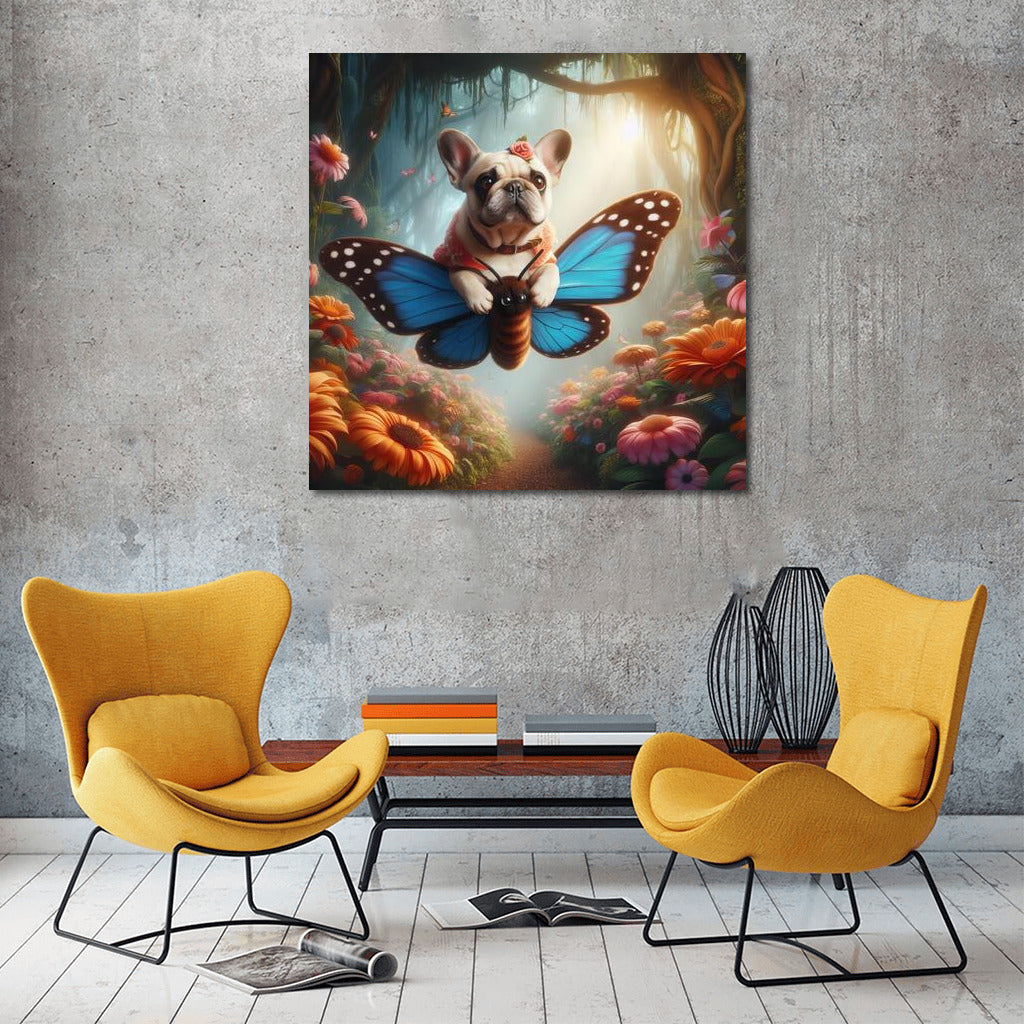 French Bulldog Flying on a Butterfly in a Magical Forest