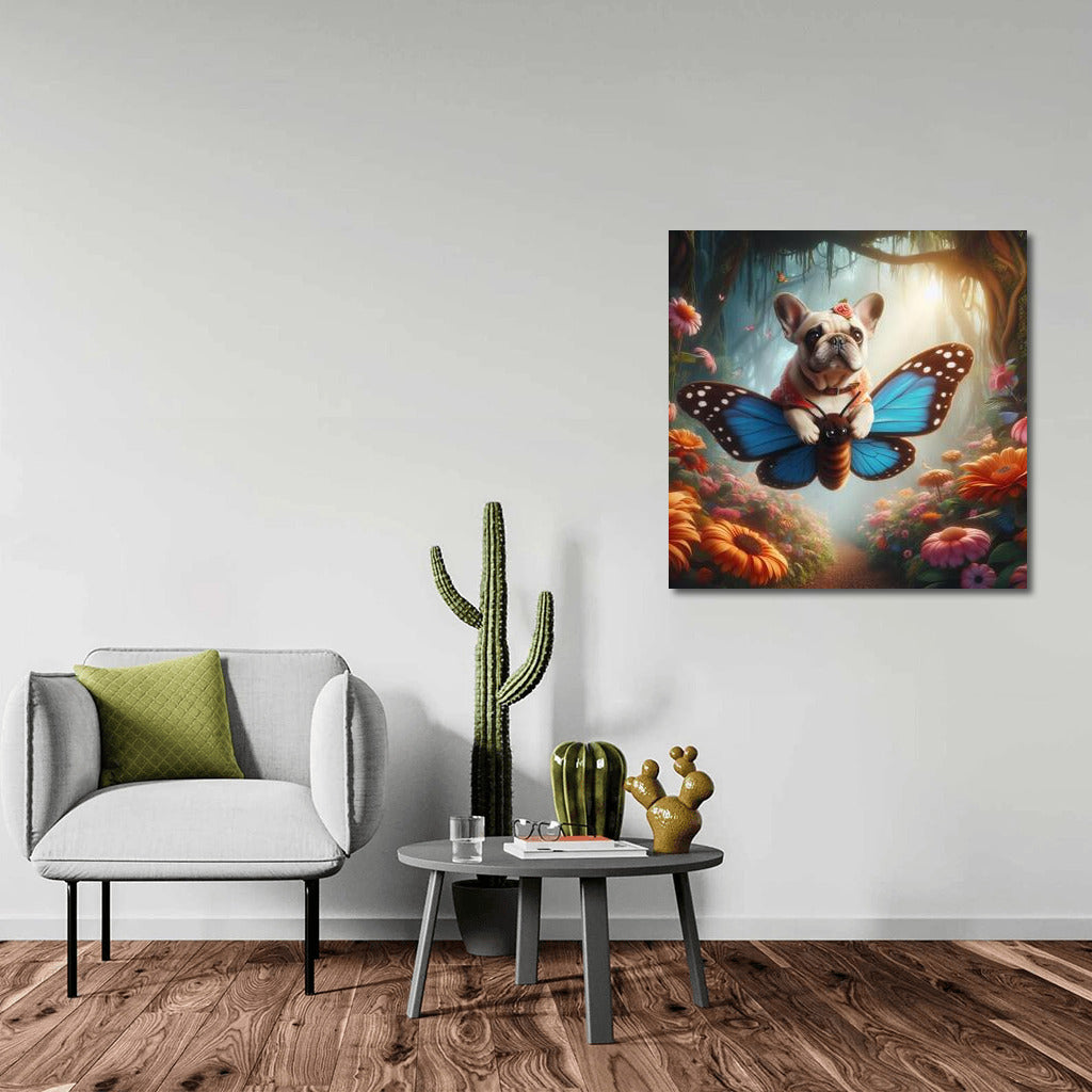 French Bulldog Flying on a Butterfly in a Magical Forest