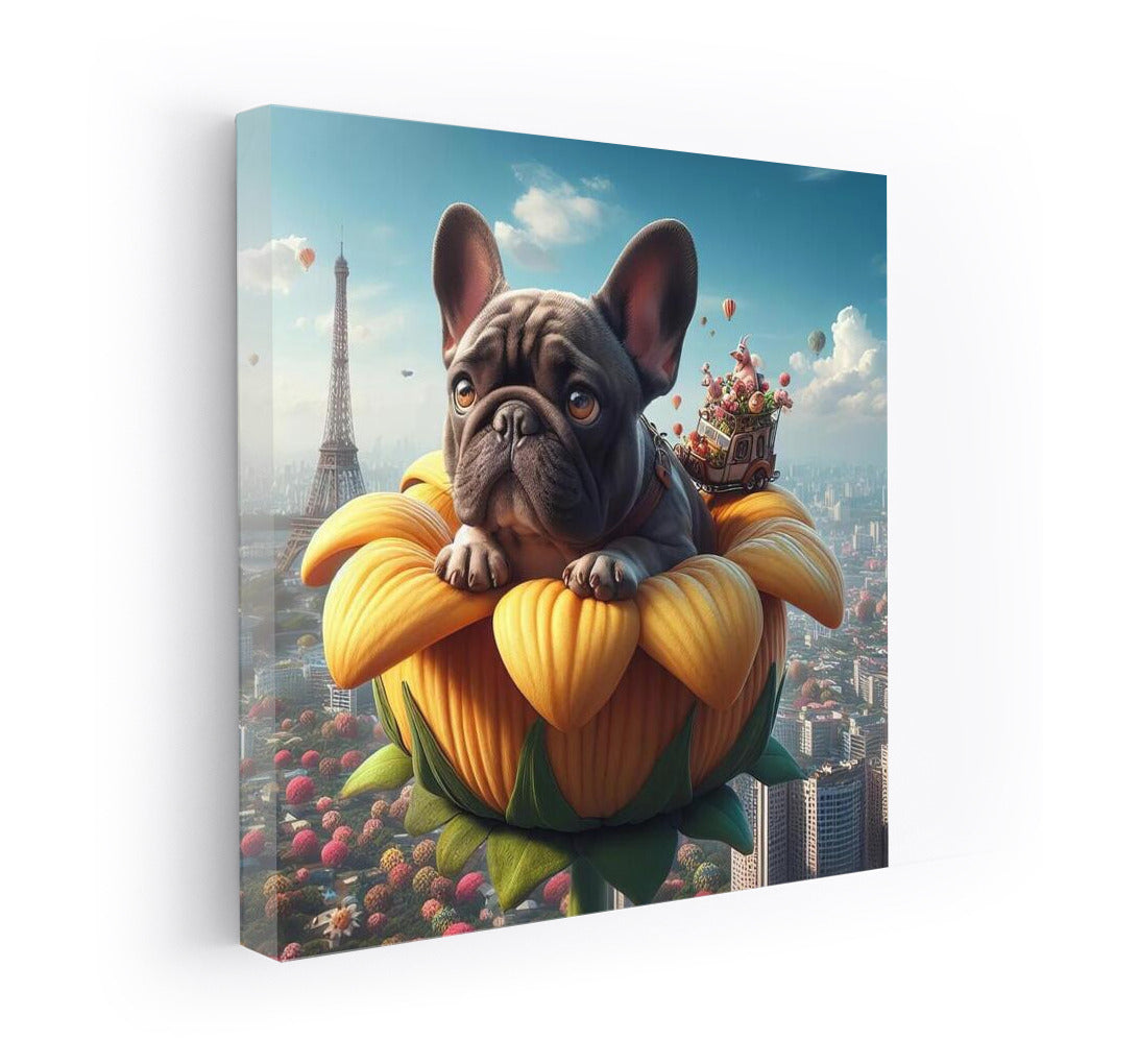 French Bulldog's Magical Journey on a Giant Flower