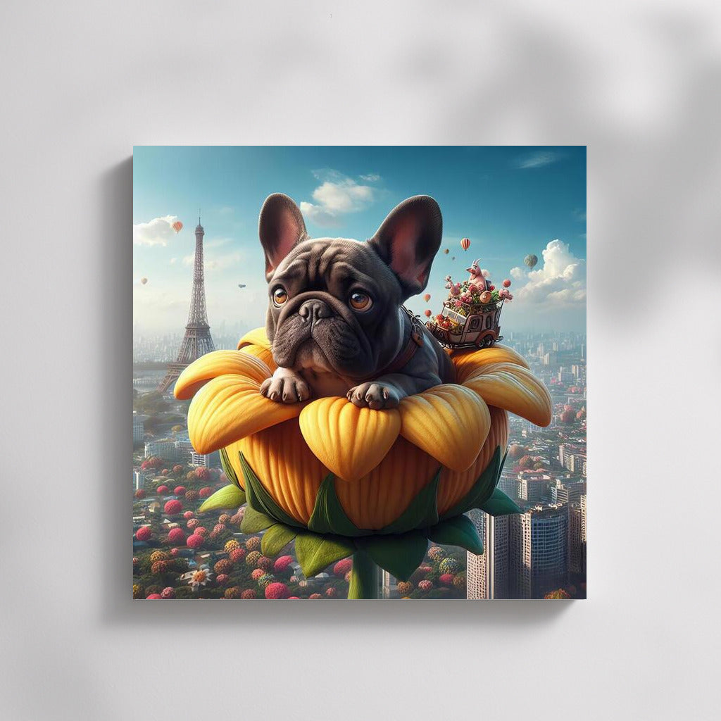 French Bulldog's Magical Journey on a Giant Flower