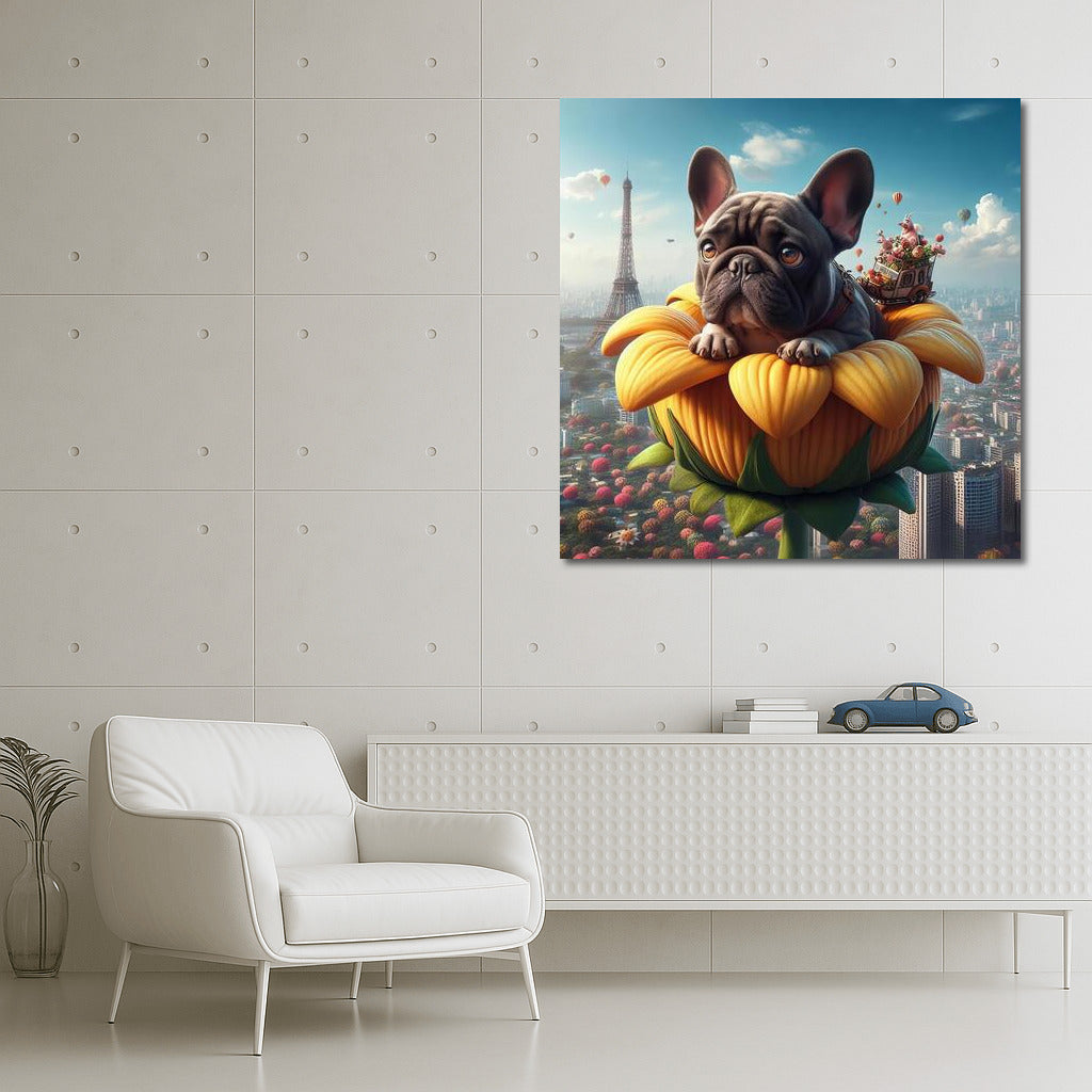 French Bulldog's Magical Journey on a Giant Flower