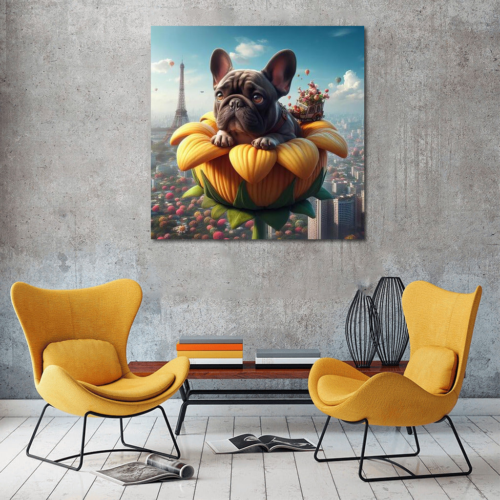 French Bulldog's Magical Journey on a Giant Flower