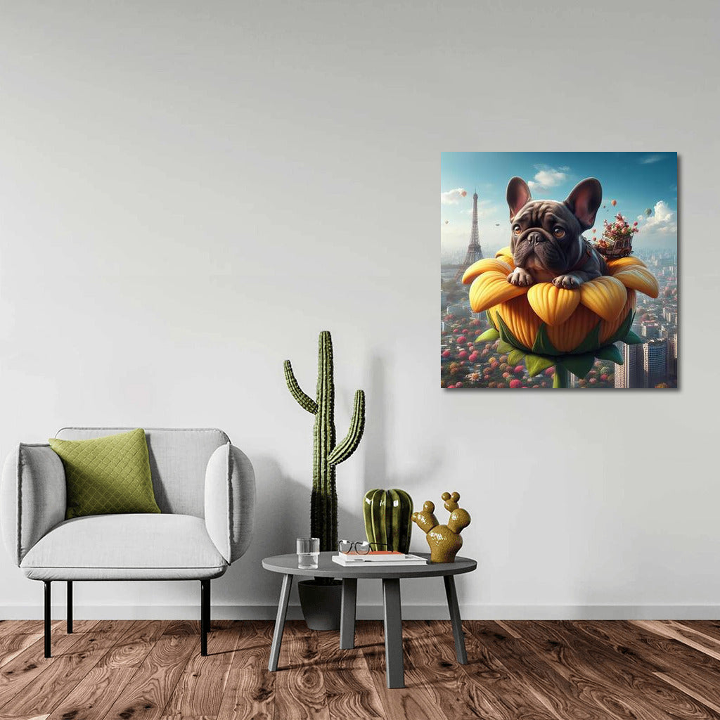 French Bulldog's Magical Journey on a Giant Flower