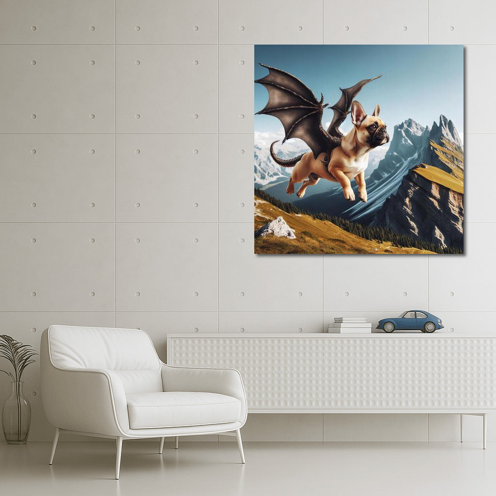 French Bulldog Dragon: Flight Over Mountain Peaks