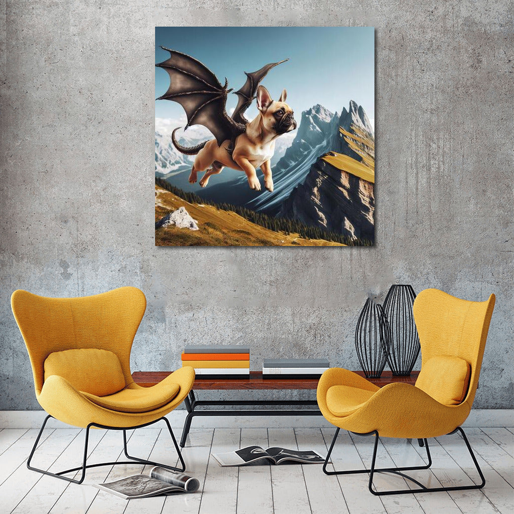 French Bulldog Dragon: Flight Over Mountain Peaks