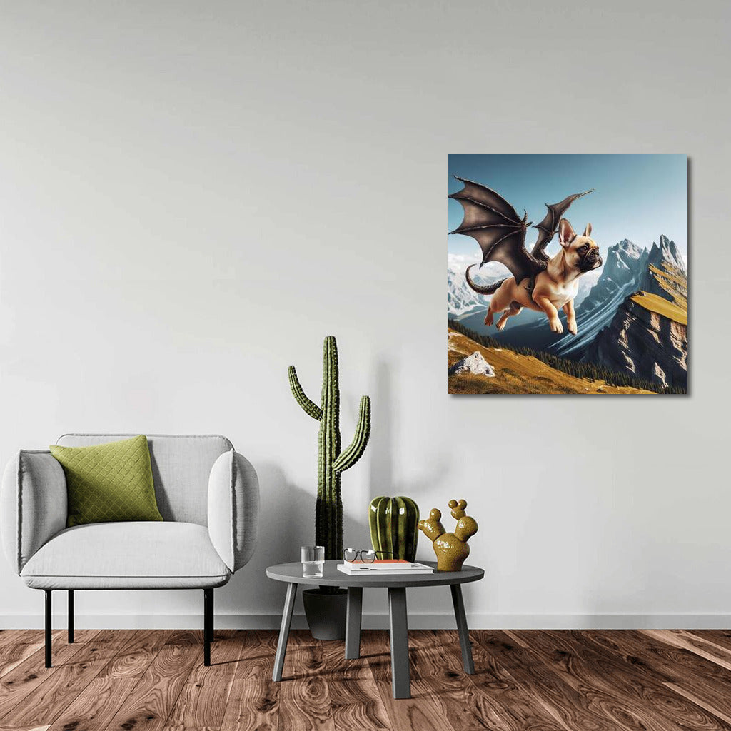 French Bulldog Dragon: Flight Over Mountain Peaks
