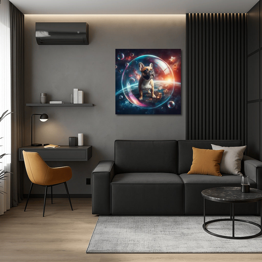French Bulldog in Space: Traveling in a Soap Bubble