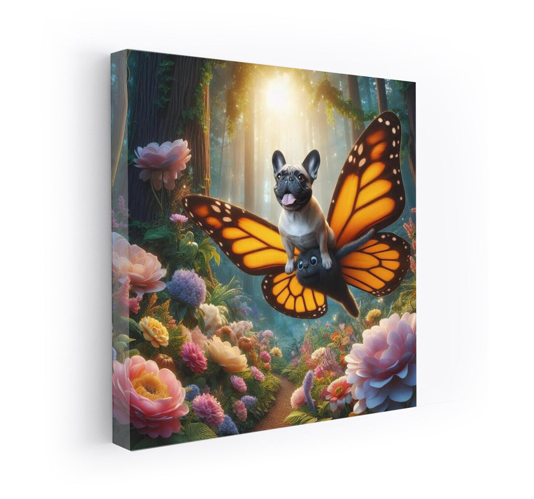 French Bulldog on Butterfly Wings in a Magical Forest