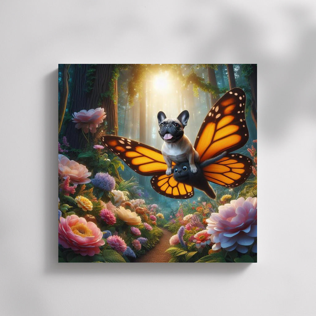 French Bulldog on Butterfly Wings in a Magical Forest