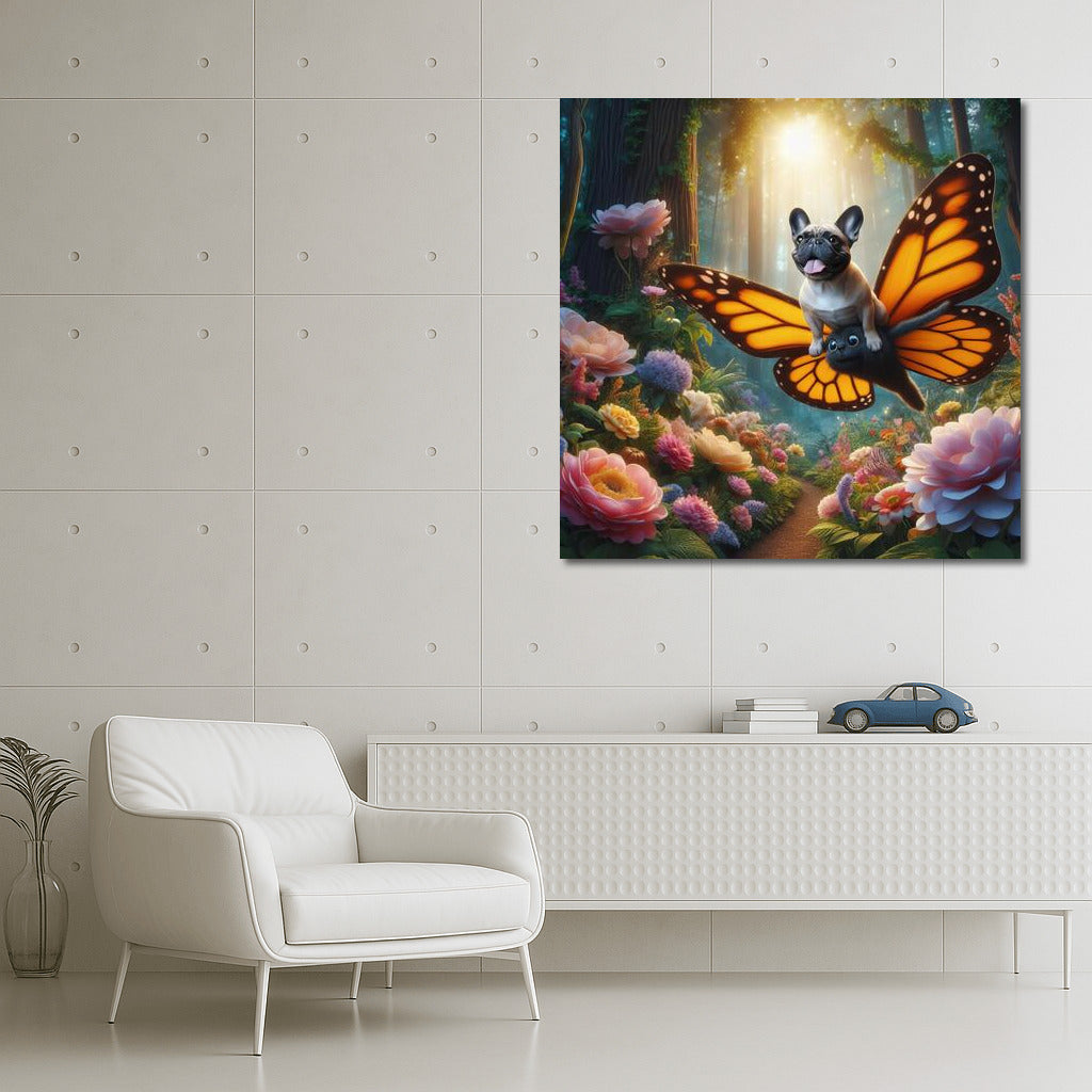 French Bulldog on Butterfly Wings in a Magical Forest