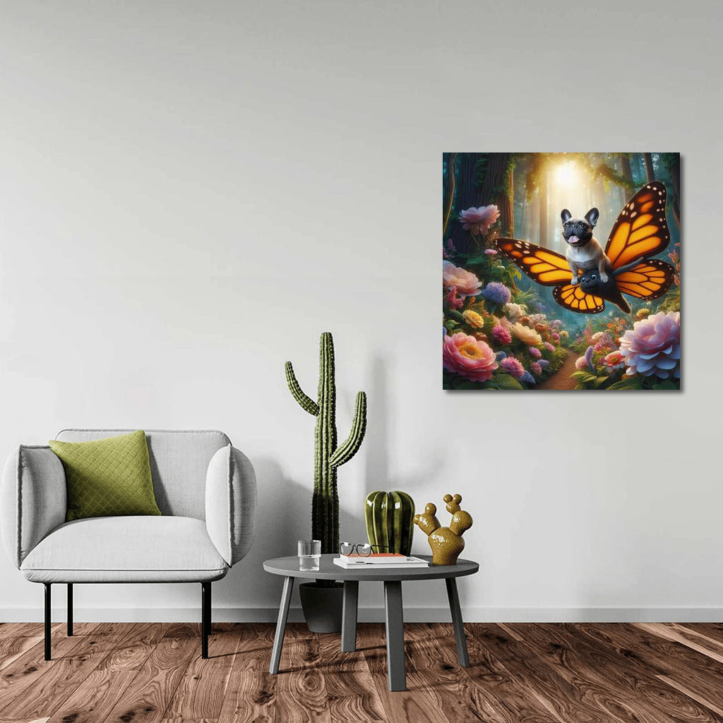 French Bulldog on Butterfly Wings in a Magical Forest
