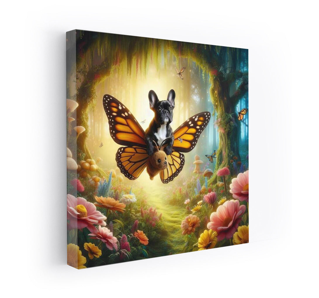 French Bulldog on a Butterfly: A Fairytale Flight in a Magical Forest