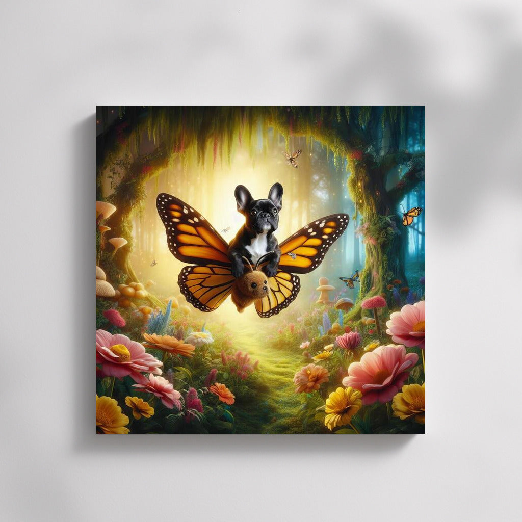 French Bulldog on a Butterfly: A Fairytale Flight in a Magical Forest