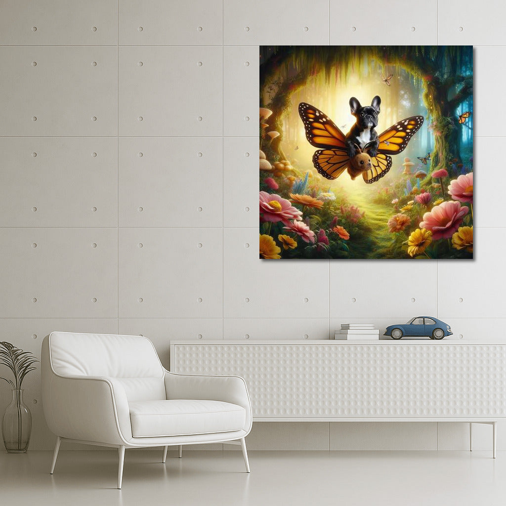 French Bulldog on a Butterfly: A Fairytale Flight in a Magical Forest