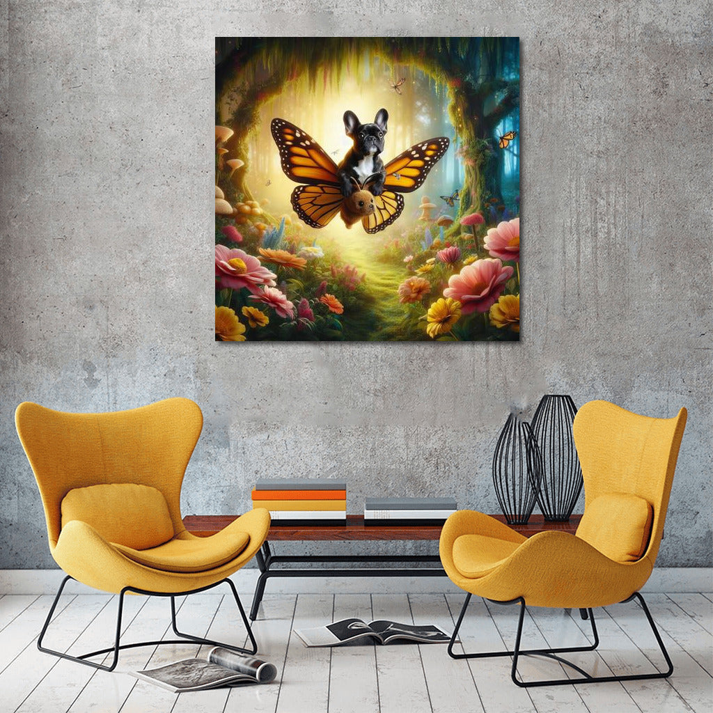 French Bulldog on a Butterfly: A Fairytale Flight in a Magical Forest