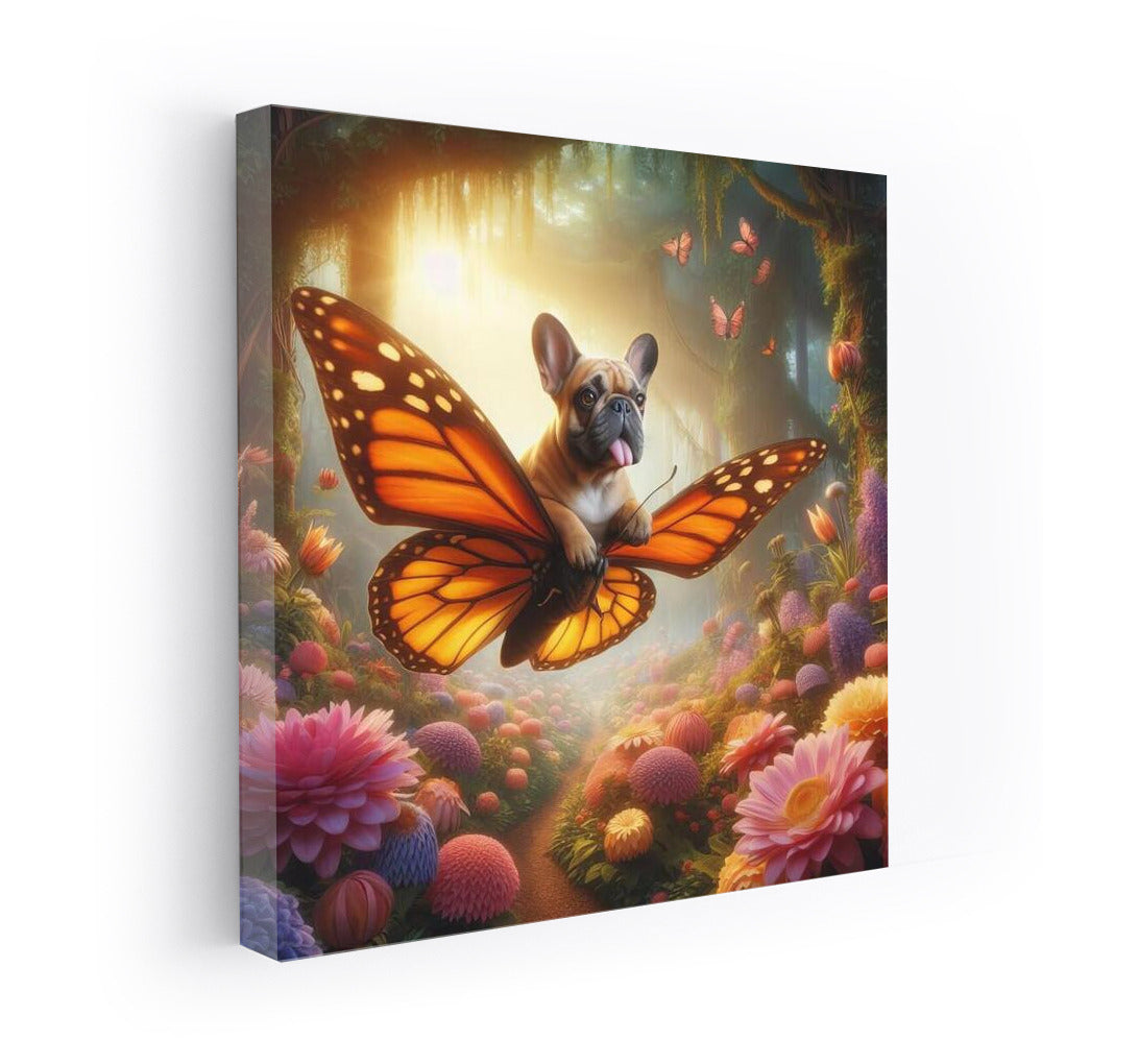 French bulldog on a butterfly in a magical forest among giant flowers