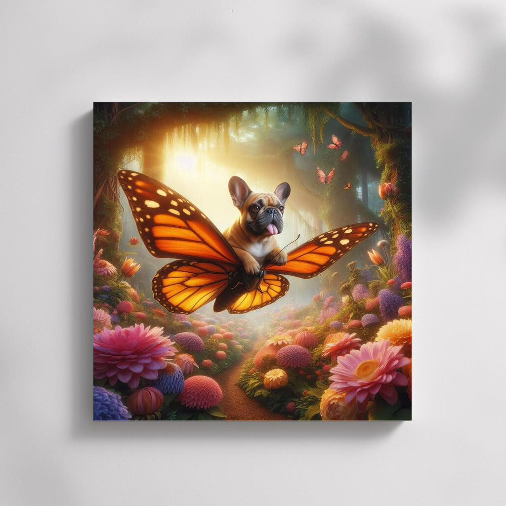 French bulldog on a butterfly in a magical forest among giant flowers