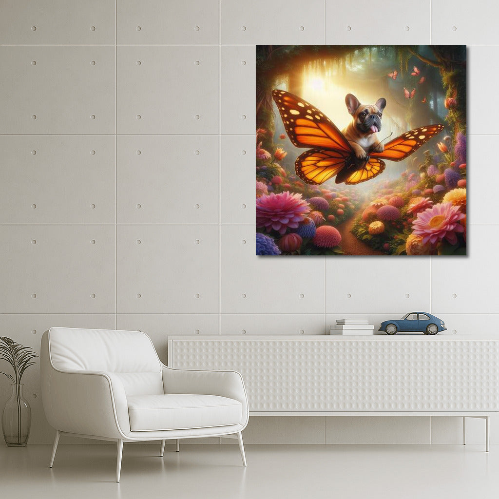 French bulldog on a butterfly in a magical forest among giant flowers