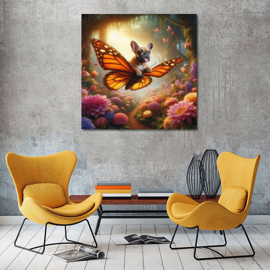 French bulldog on a butterfly in a magical forest among giant flowers