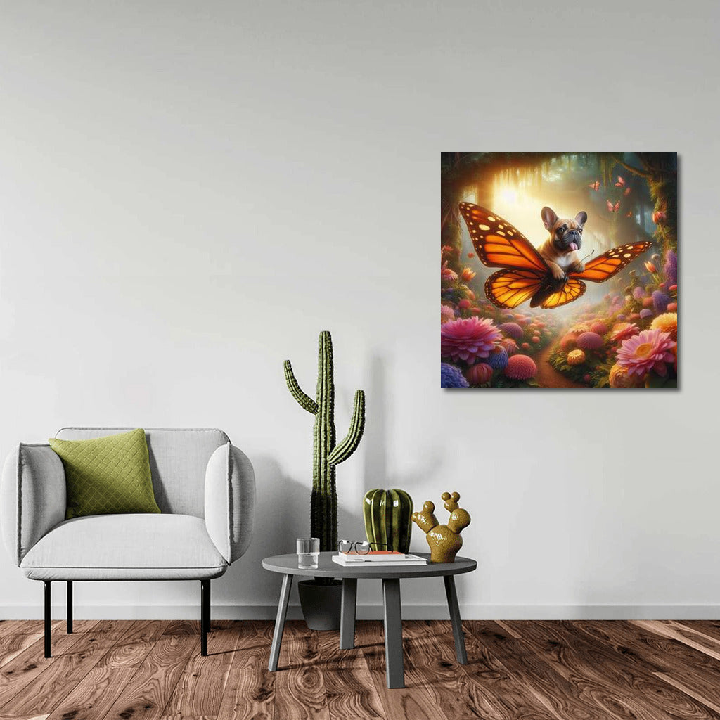 French bulldog on a butterfly in a magical forest among giant flowers
