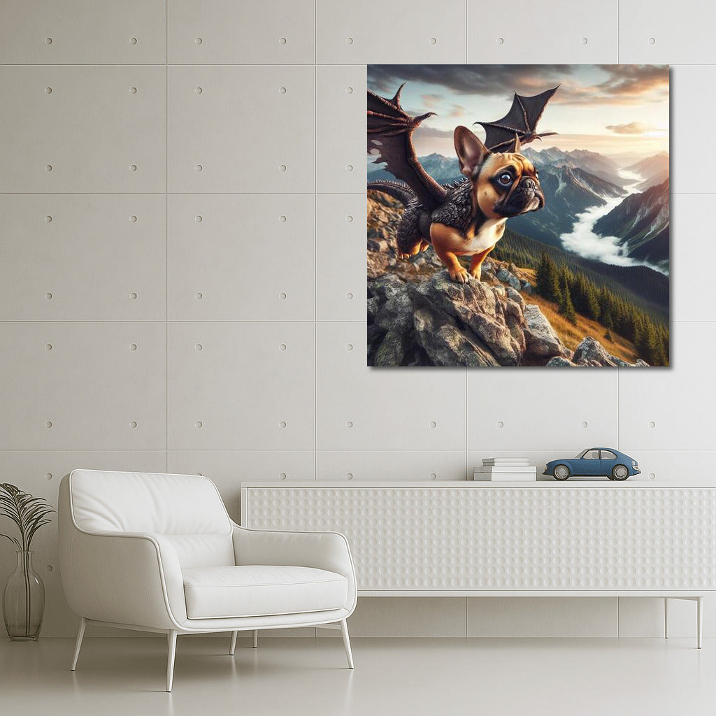 French Bulldog Dragon: Flight Over Mountain Peaks