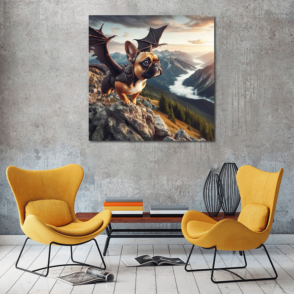 French Bulldog Dragon: Flight Over Mountain Peaks