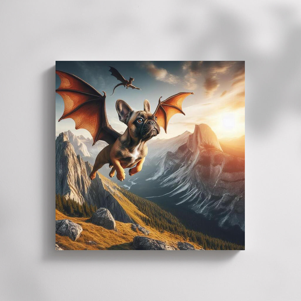 French Bulldog Dragon: Flight Over Mountain Peaks