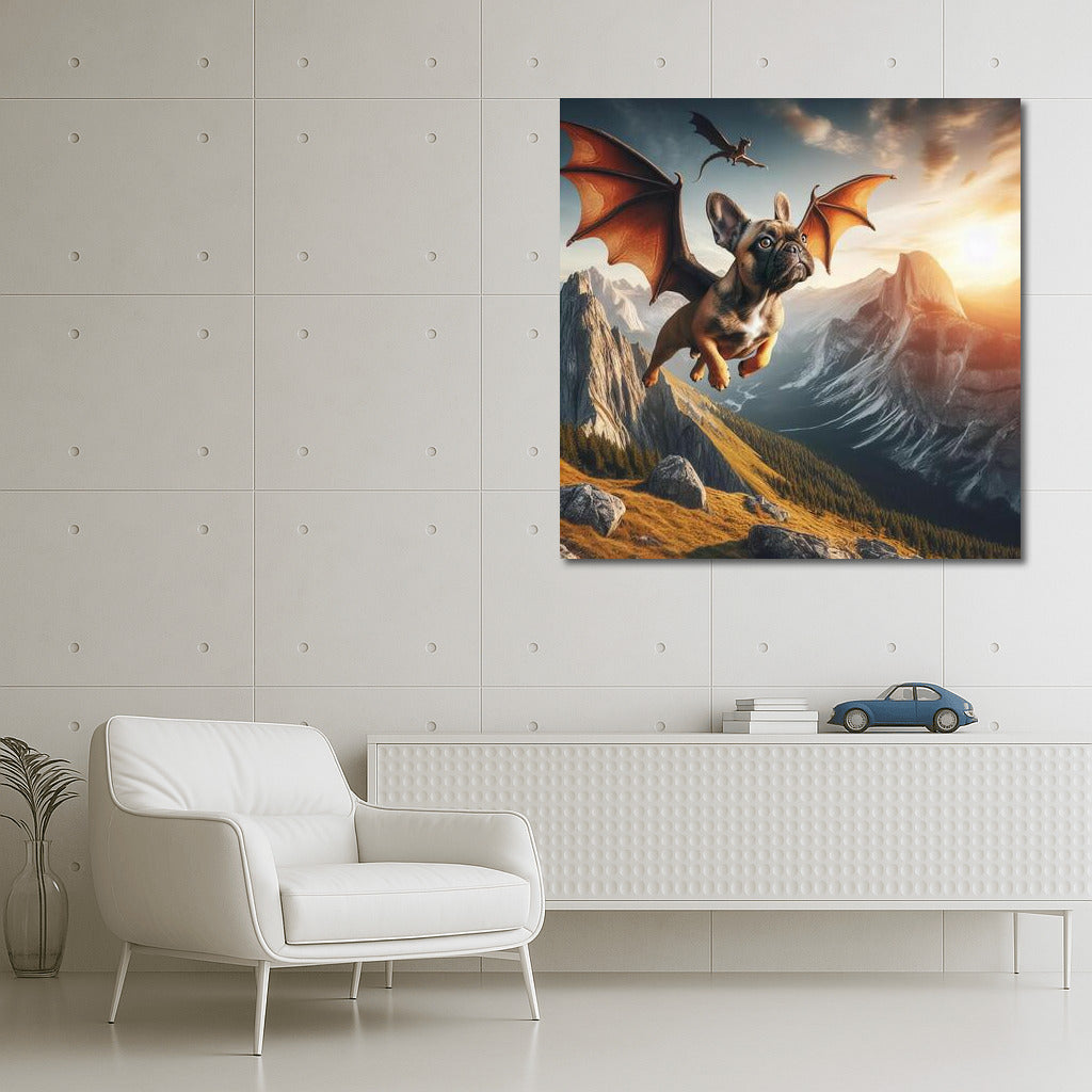 French Bulldog Dragon: Flight Over Mountain Peaks