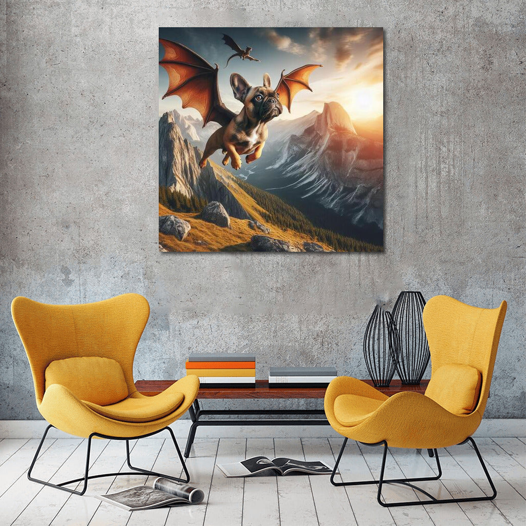 French Bulldog Dragon: Flight Over Mountain Peaks
