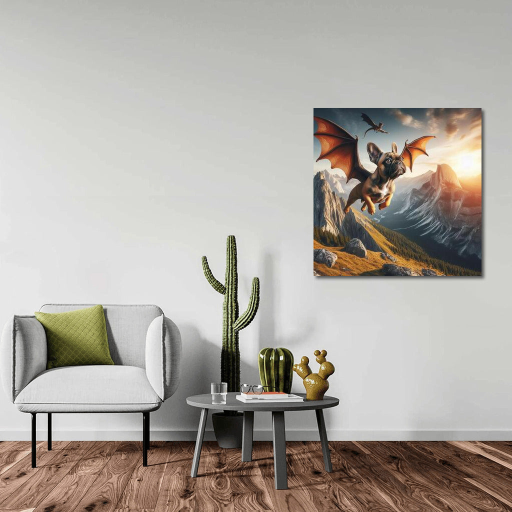 French Bulldog Dragon: Flight Over Mountain Peaks