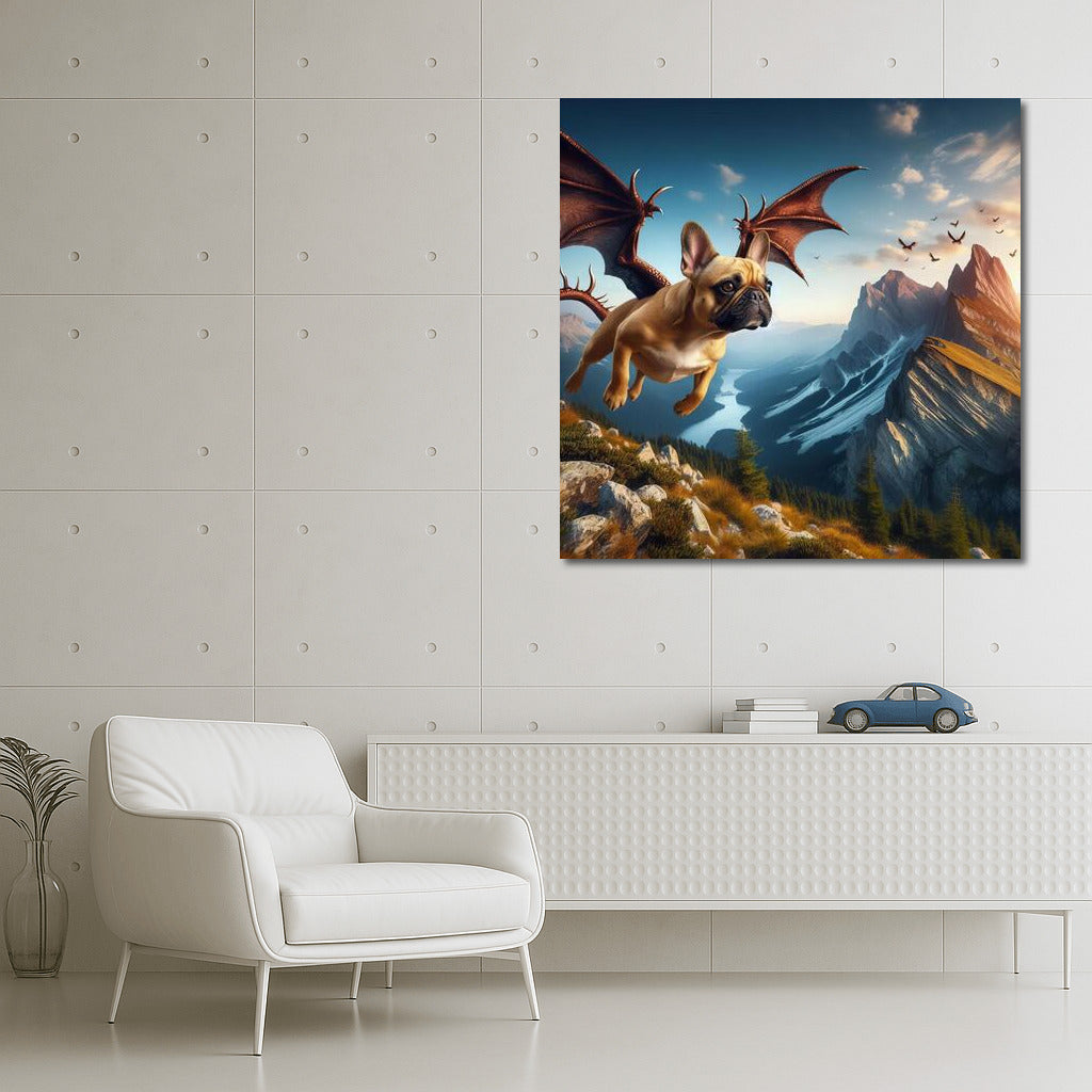 French Bulldog Dragon: Flight Over Mountain Peaks