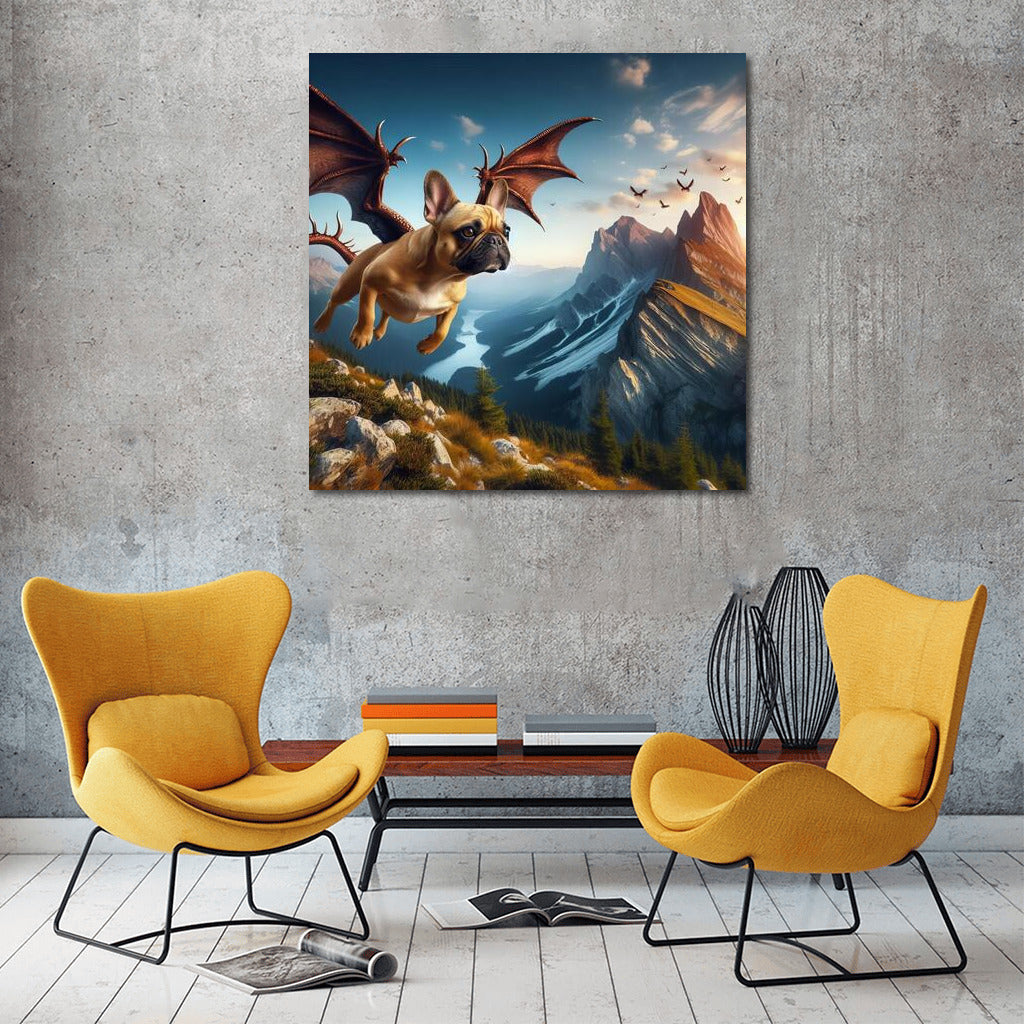 French Bulldog Dragon: Flight Over Mountain Peaks