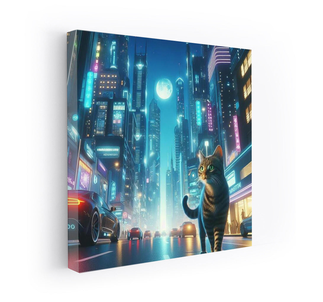 Neon Cat in a Futuristic Metropolis: A Walk Among High Technologies and Glowing Machines