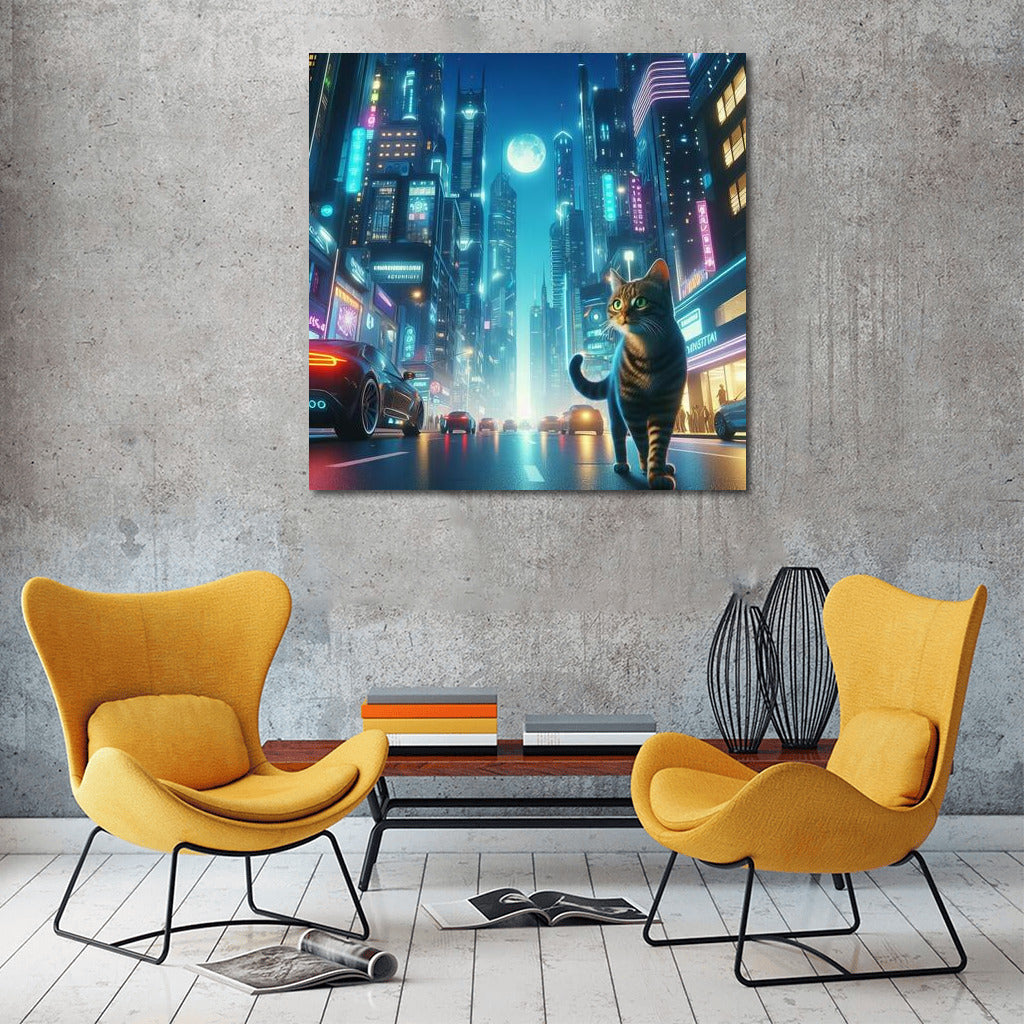 Neon Cat in a Futuristic Metropolis: A Walk Among High Technologies and Glowing Machines