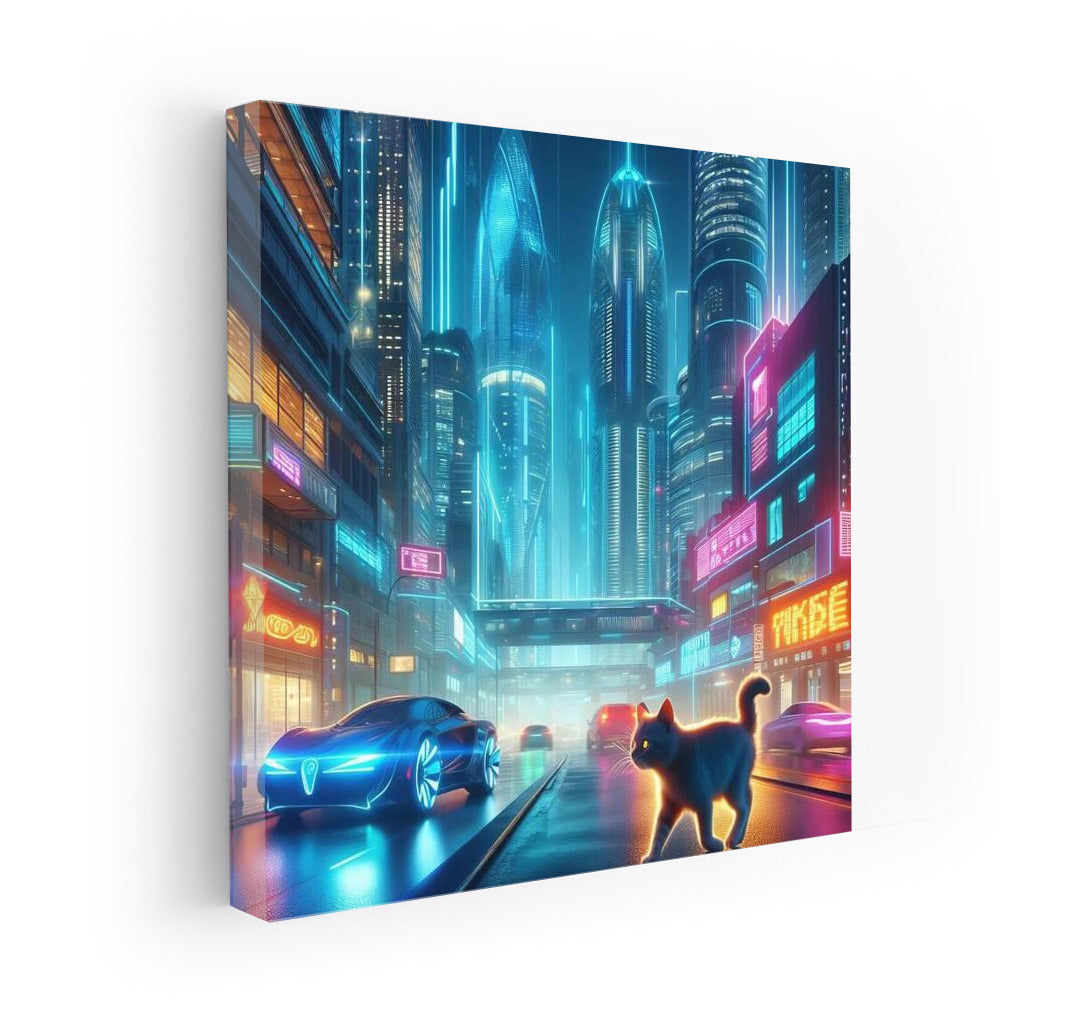 Neon Cat in the Heart of a Futuristic Metropolis