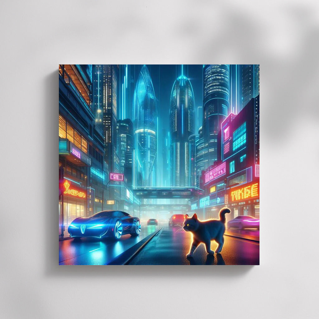 Neon Cat in the Heart of a Futuristic Metropolis