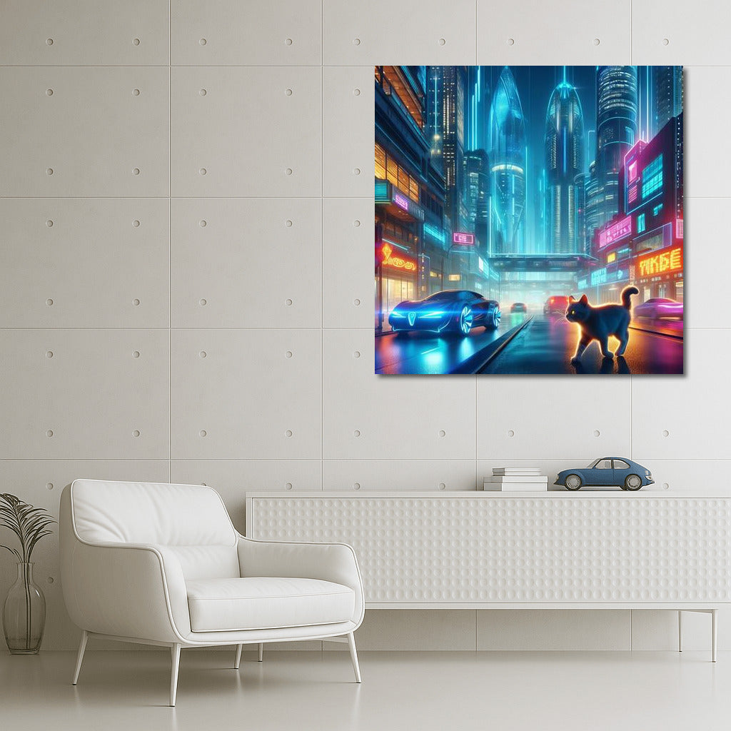 Neon Cat in the Heart of a Futuristic Metropolis