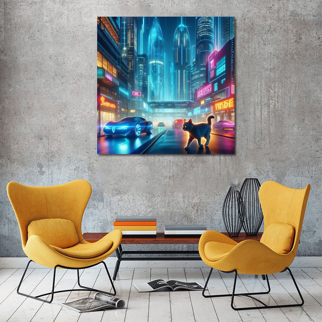 Neon Cat in the Heart of a Futuristic Metropolis