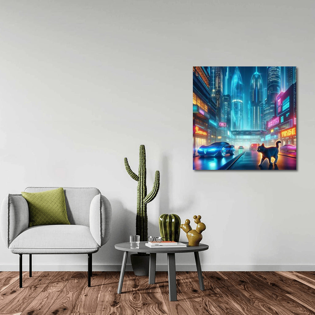 Neon Cat in the Heart of a Futuristic Metropolis